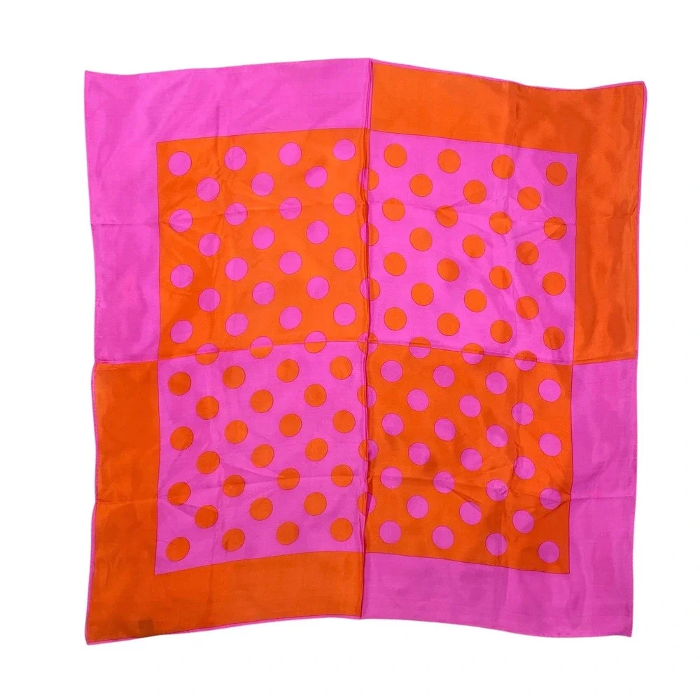 VTG The Specialty House Fuchsia Orange Polka Dot 100% Silk Scarf 31x31 Japan x31